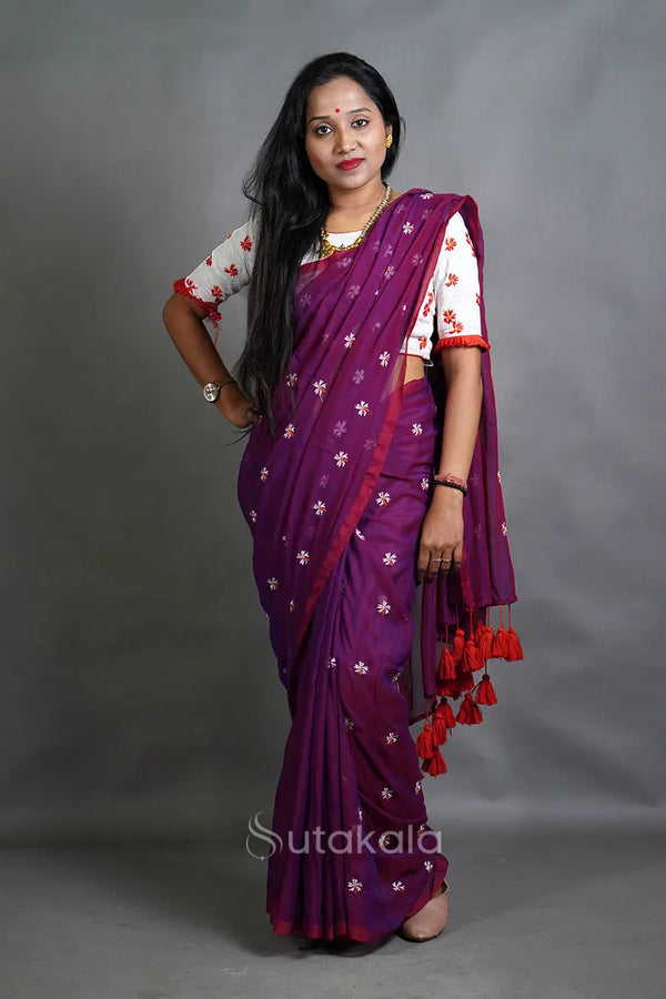 Mul Cotton Saree with All-Over Floral Thread Work