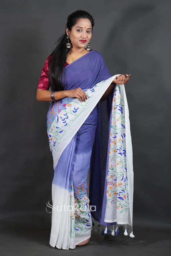 Blue Cotton Saree with White Floral Thread Work