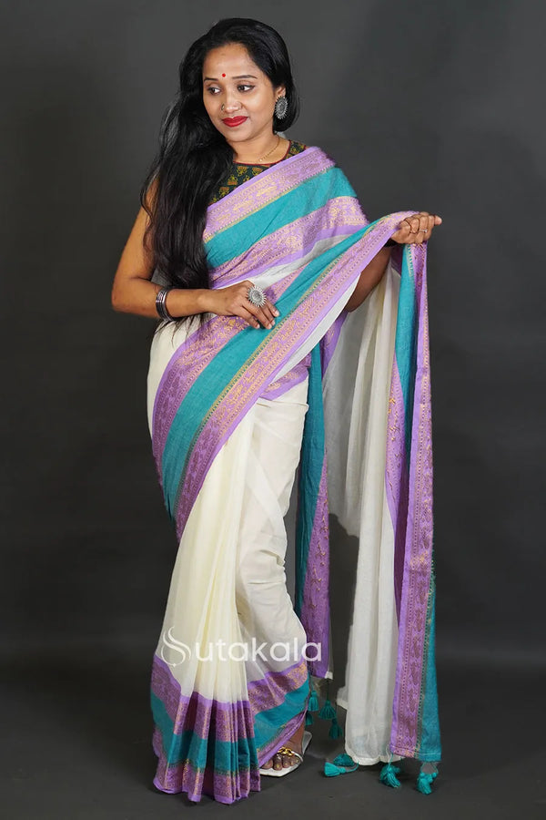 Elegant Off-White Cotton Silk Saree with Border and Tassels