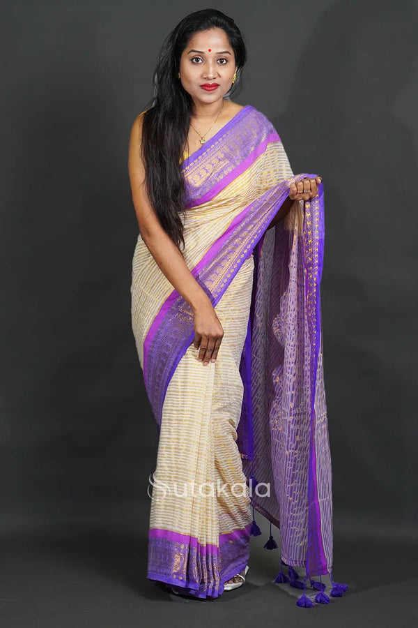 White Cotton Saree with Pompom Pallu With Blue Border