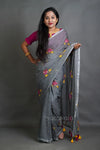 Silver Lotus Sequence Cotton Saree with Floral Thread Work