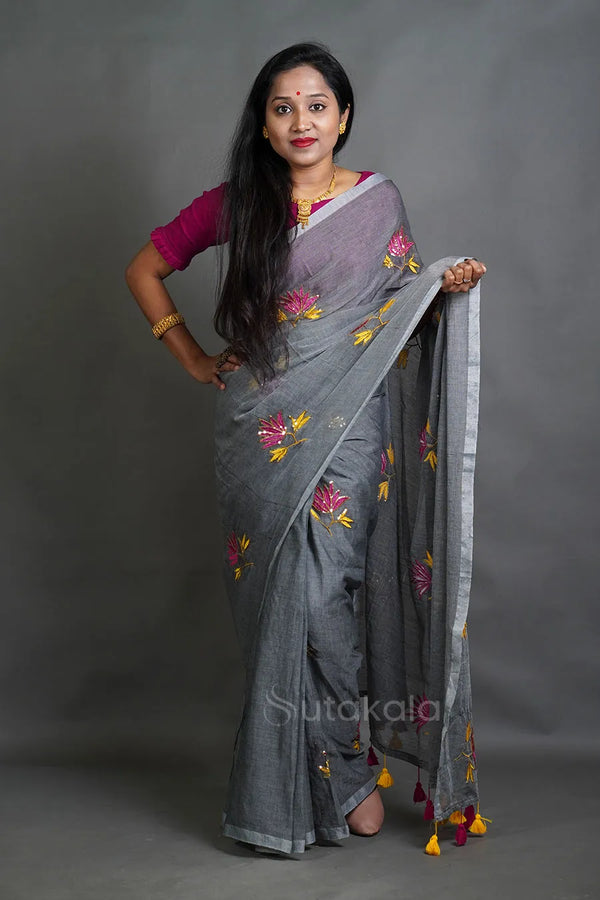 Silver Lotus Sequence Cotton Saree with Floral Thread Work