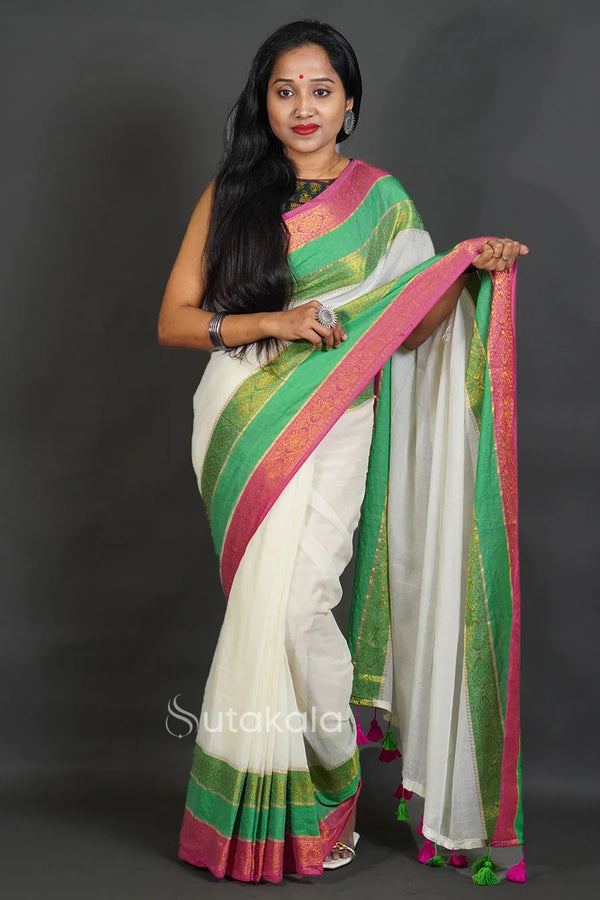 Elegant Off-White Cotton Silk Saree with Zari Border and Tassels