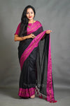Black Cotton Saree with Magenta Border & Elegant Thread Work