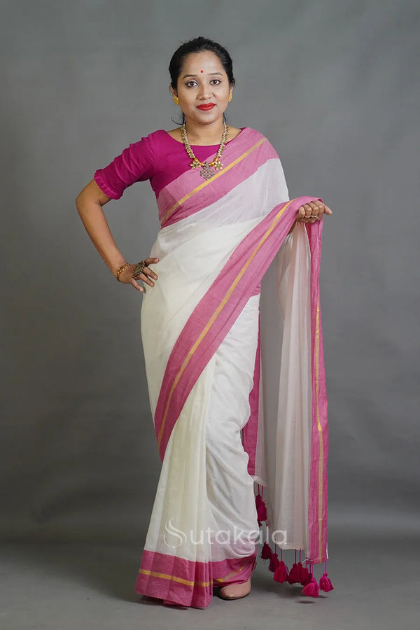 Off-White Cotton Saree with Pink Border & Elegant Thread Work Detailing
