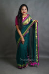 Olive Green Cotton Saree with Purple Border & Handcrafted Thread Work