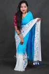 Sky blue Cotton Saree with White Floral Thread Work