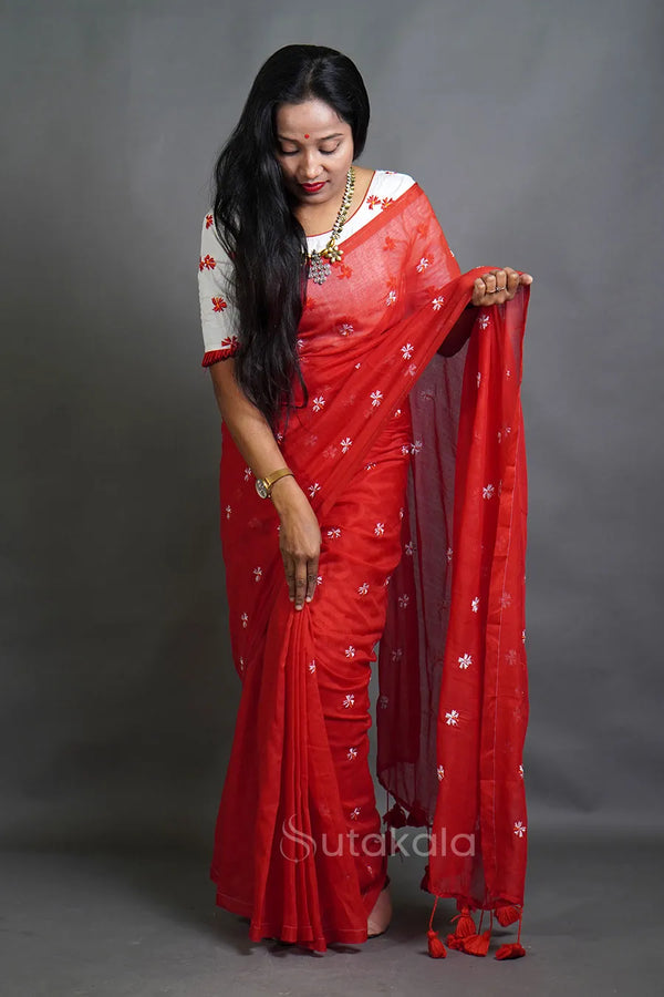 Red Cotton Saree with All-Over Floral Thread Work