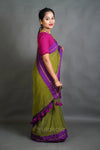 Olive Green Cotton Saree with Purple Border & Elegant Thread Work
