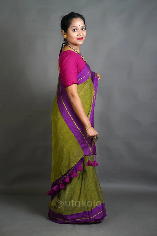 Olive Green Cotton Saree with Purple Border & Elegant Thread Work
