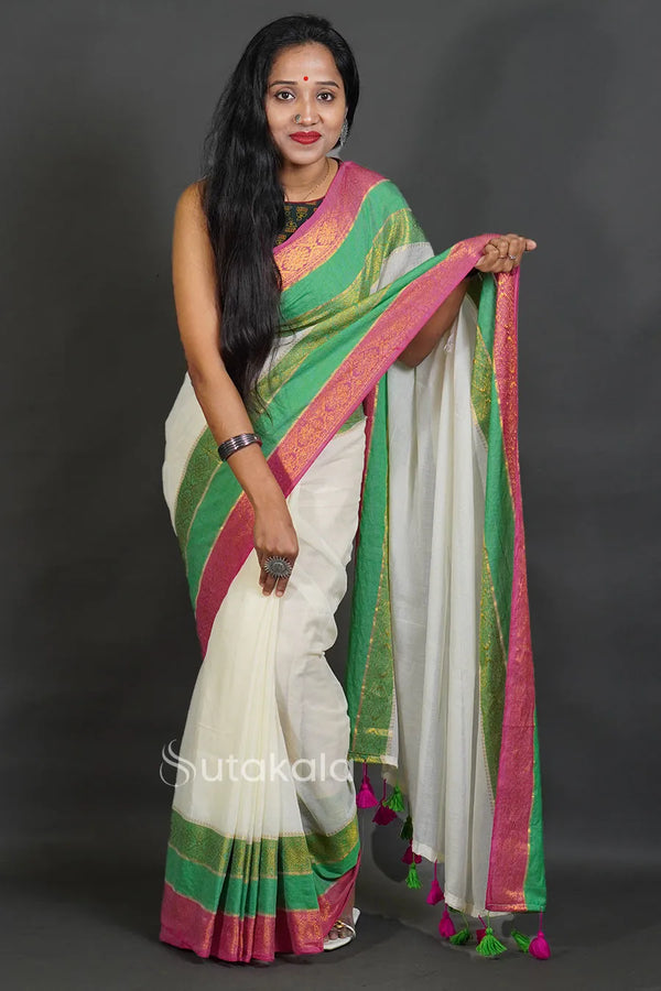 Elegant Off-White Cotton Silk Saree with Zari Border and Tassels