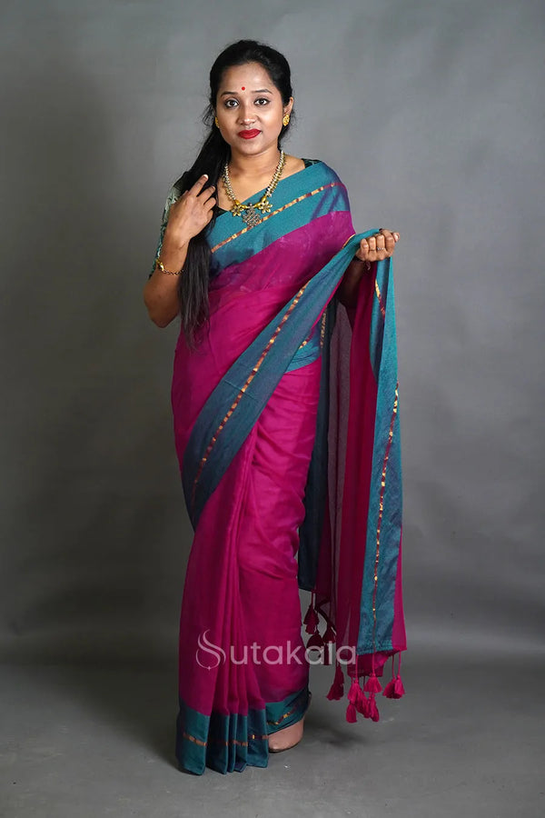 Magenta Pink Cotton Saree with Teal Border