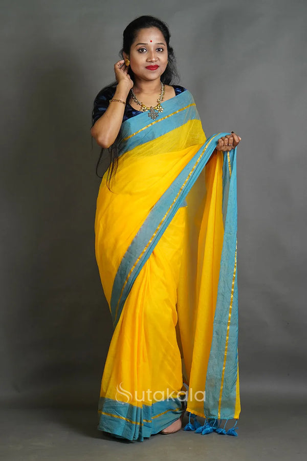 Yellow Cotton Saree with Blue Border