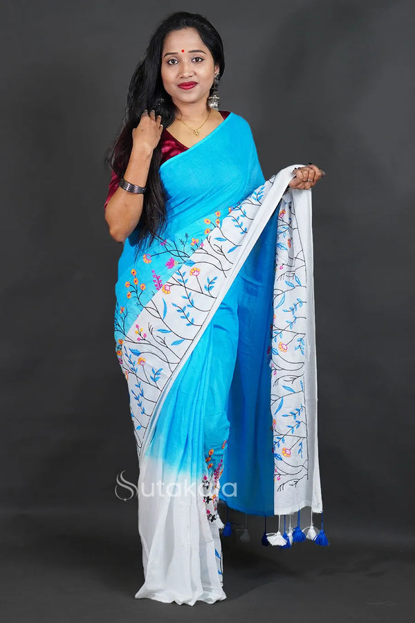 Sky blue Cotton Saree with White Floral Thread Work