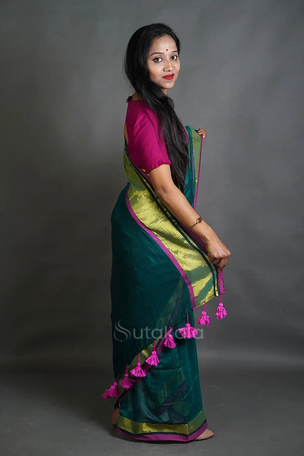 Olive Green Cotton Saree with Purple Border & Handcrafted Thread Work