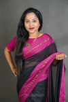 Black Cotton Saree with Magenta Border & Elegant Thread Work