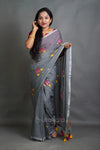 Silver Lotus Sequence Cotton Saree with Floral Thread Work