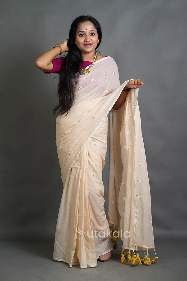 Mul Cotton Saree with Allover Floral Thread Work