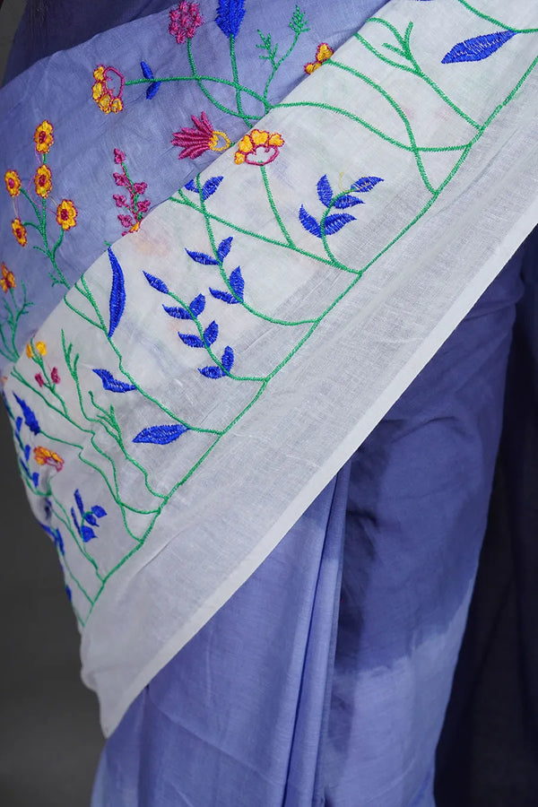 Blue Cotton Saree with White Floral Thread Work