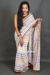 White Linen Cotton Saree with Multicolor Check Pattern