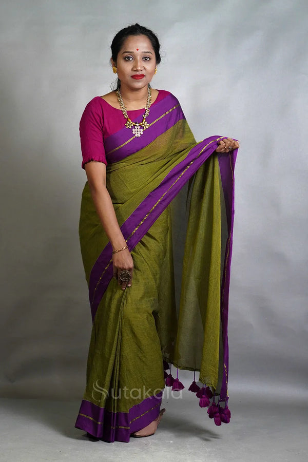 Olive Green Cotton Saree with Purple Border & Elegant Thread Work