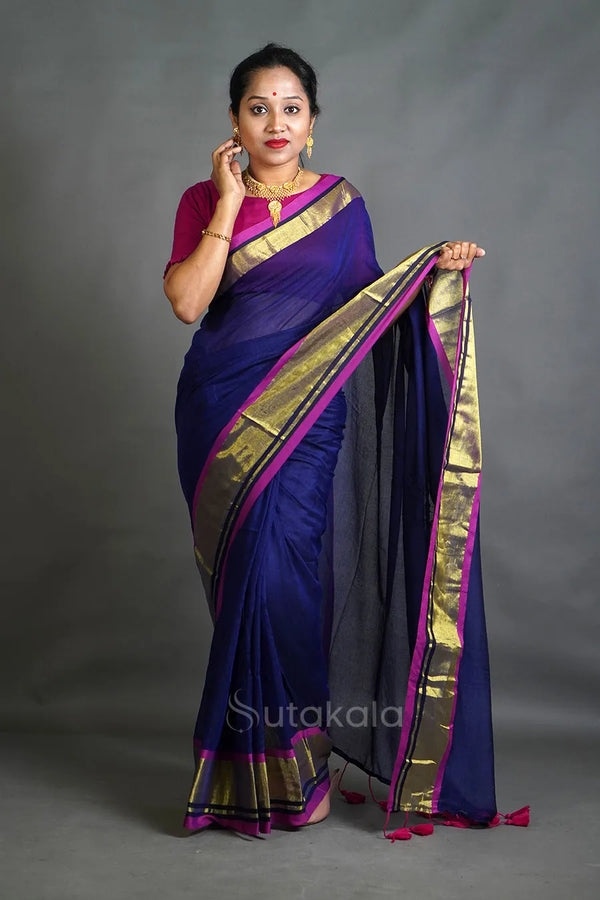 Royal Blue Cotton Saree with Gold Zari Border