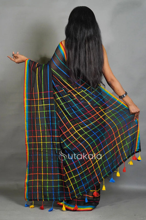 Black Cotton Saree with Multicolor Check Pattern & Rainbow Border
