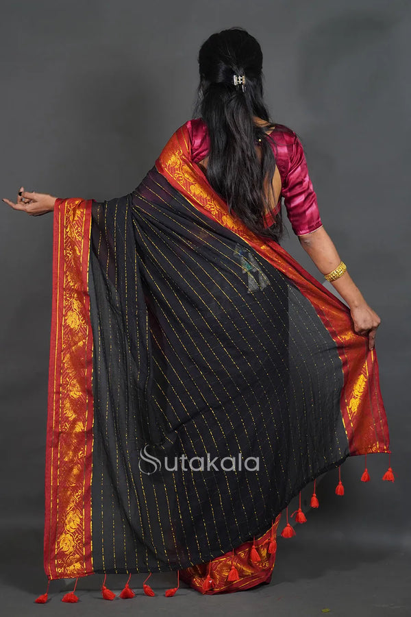 Black Mul Cotton Saree with Red & Gold Thread Work