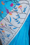 Sky blue Cotton Saree with White Floral Thread Work