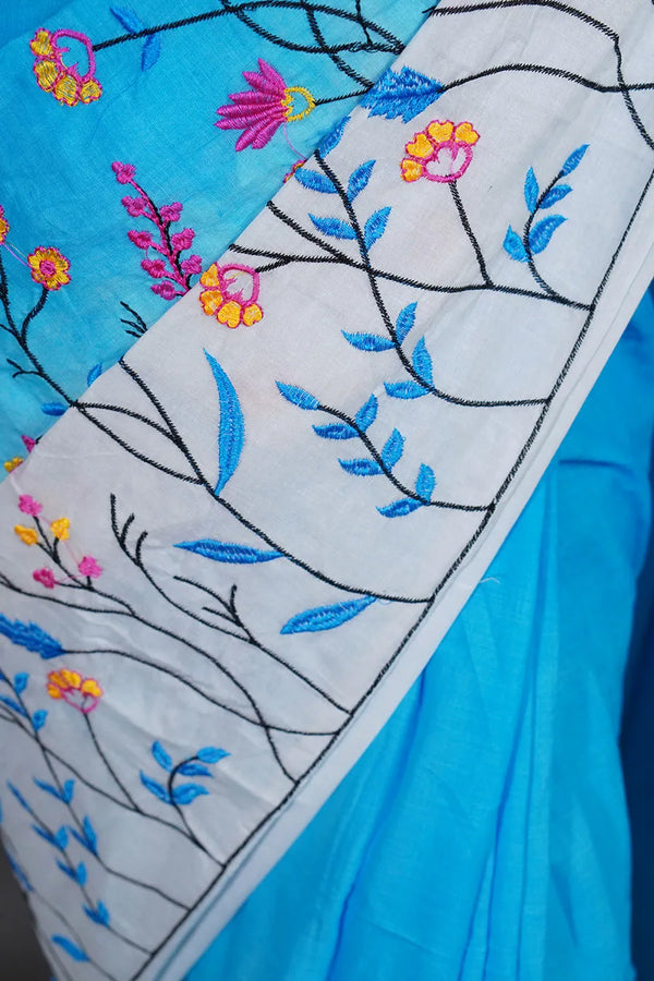Sky blue Cotton Saree with White Floral Thread Work
