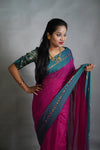 Magenta Pink Cotton Saree with Teal Border