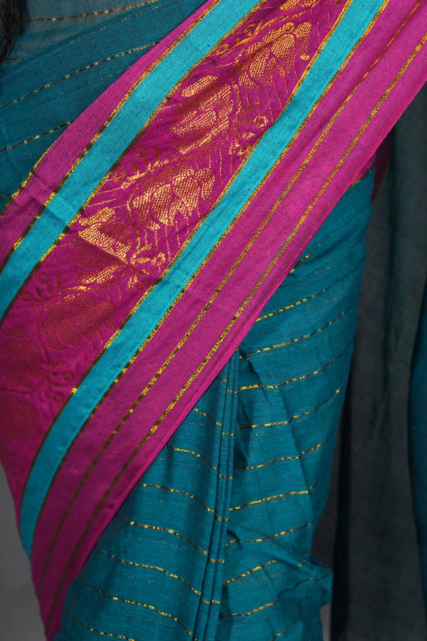 Sea Green Mul Cotton Saree with Fancy Border