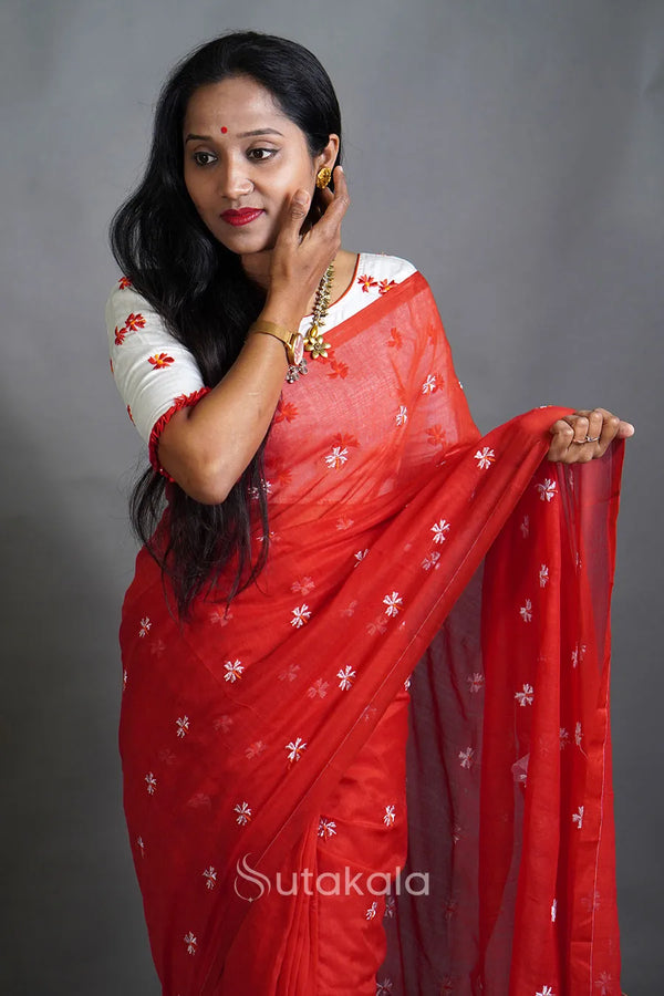 Red Cotton Saree with All-Over Floral Thread Work