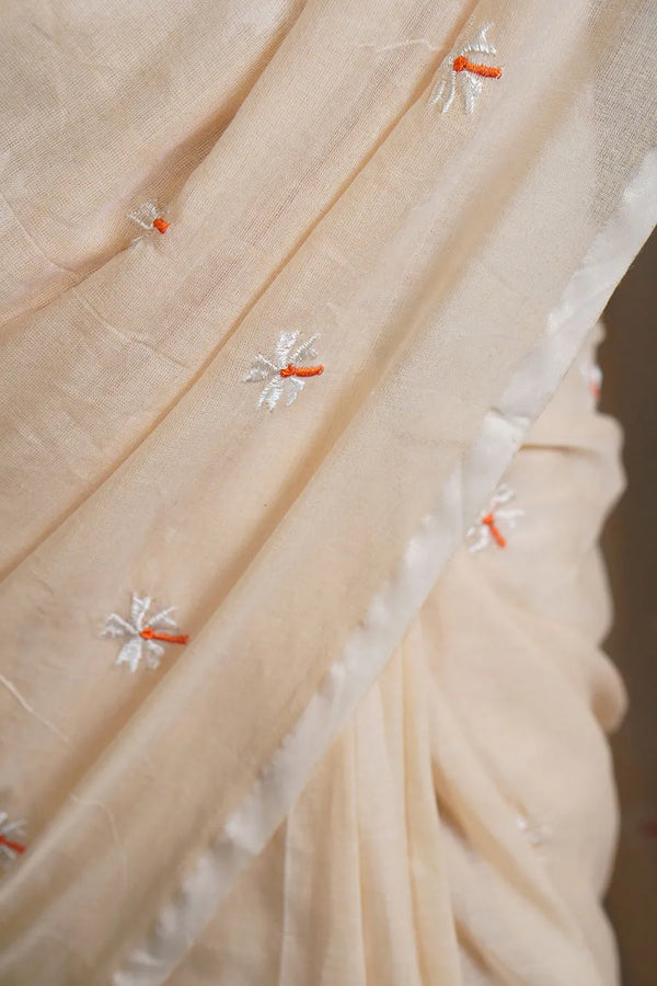 Mul Cotton Saree with Allover Floral Thread Work