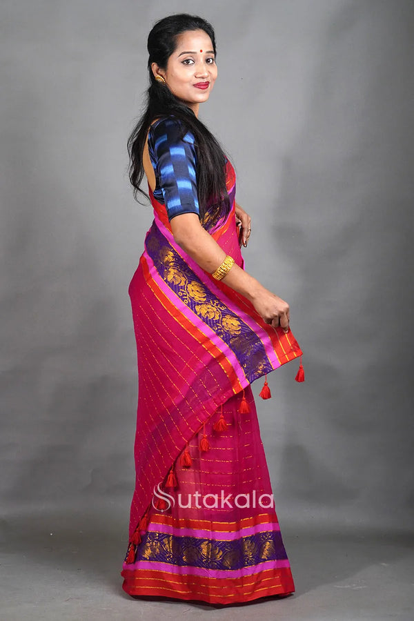 Rani Cotton Saree with Red & Gold Thread Work Border and Tassel Pallu