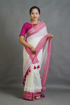 Off-White Cotton Saree with Pink Border & Elegant Thread Work Detailing