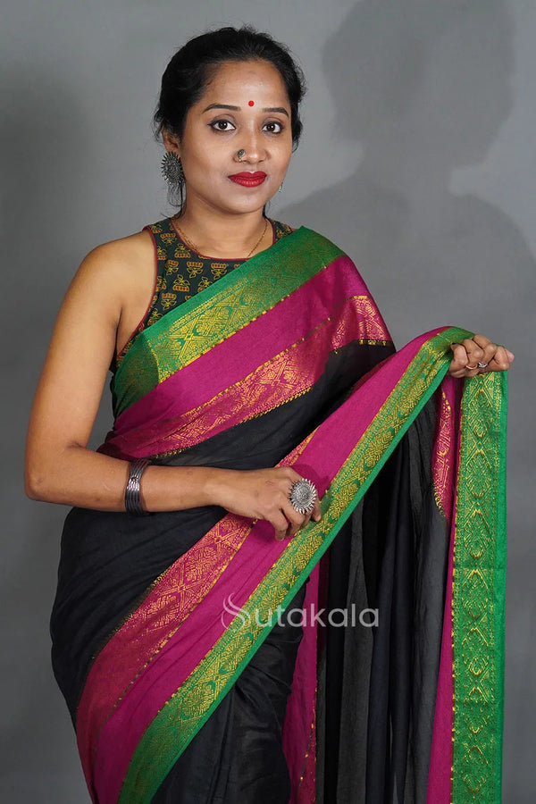 Black Saree with Traditional Jacquard Border & Tassels