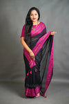 Black Cotton Saree with Magenta Border & Elegant Thread Work