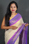 White Cotton Saree with Pompom Pallu With Blue Border