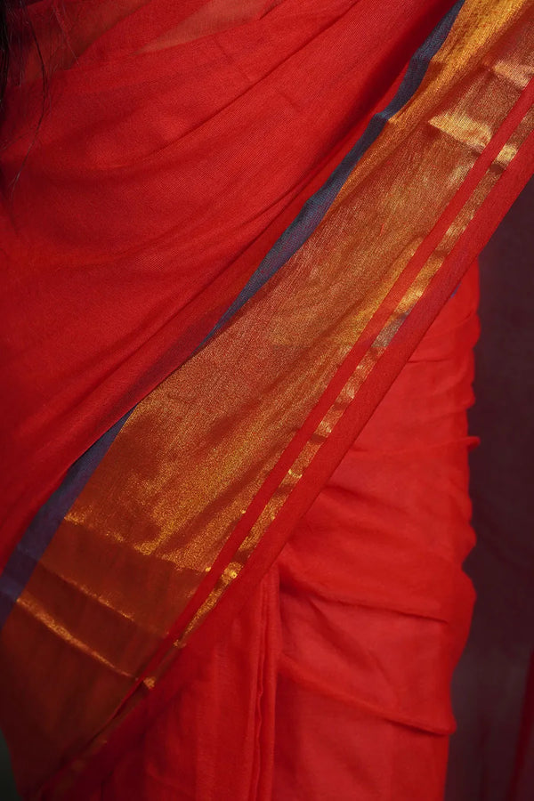 Red Cotton Saree with Golden Border & Elegant Thread Work