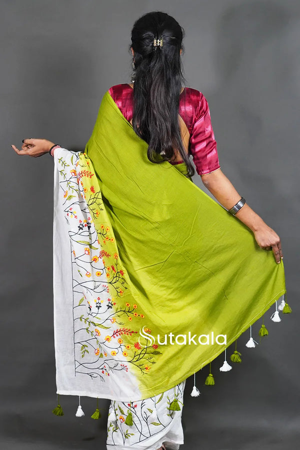 Green Cotton Saree with White Floral Thread Work