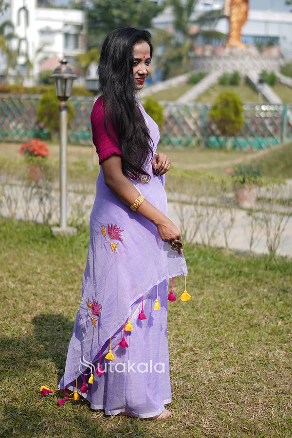 Lavender Cotton Saree with Floral Thread Work Embroidery