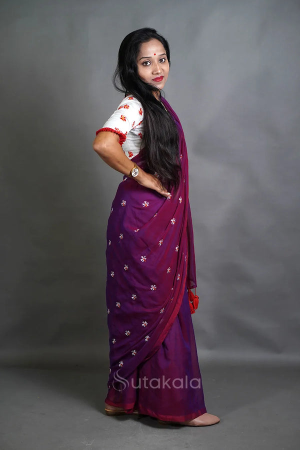 Mul Cotton Saree with All-Over Floral Thread Work