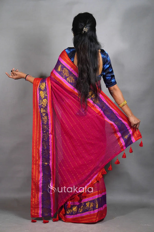 Rani Cotton Saree with Red & Gold Thread Work Border and Tassel Pallu