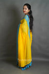 Yellow Cotton Saree with Blue Border