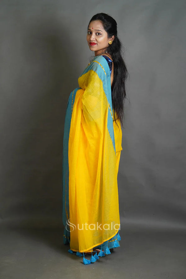 Yellow Cotton Saree with Blue Border