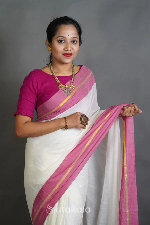 Off-White Cotton Saree with Pink Border & Elegant Thread Work Detailing