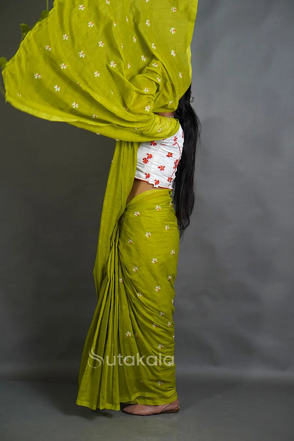 Green Mul Cotton Saree with All-Over Floral Thread Work