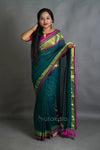 Olive Green Cotton Saree with Purple Border & Handcrafted Thread Work