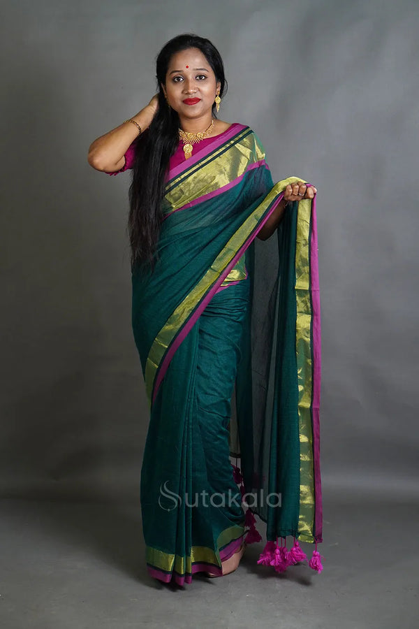 Olive Green Cotton Saree with Purple Border & Handcrafted Thread Work